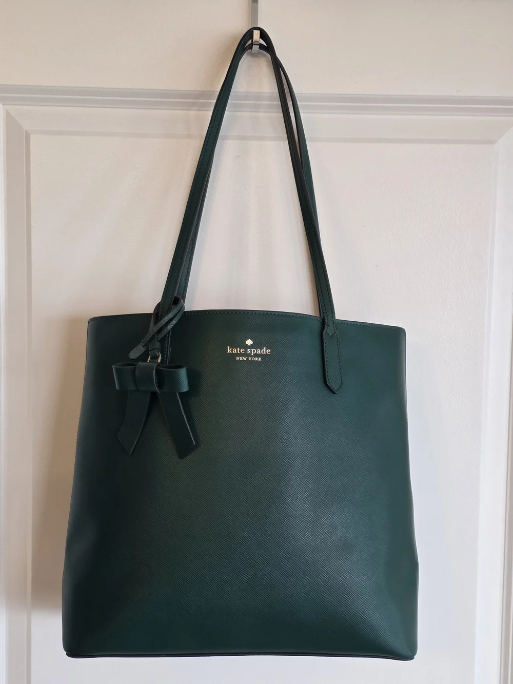 kate spade Deep Jade/Emerald Green Saffiano Leather Tote with Bow Charm